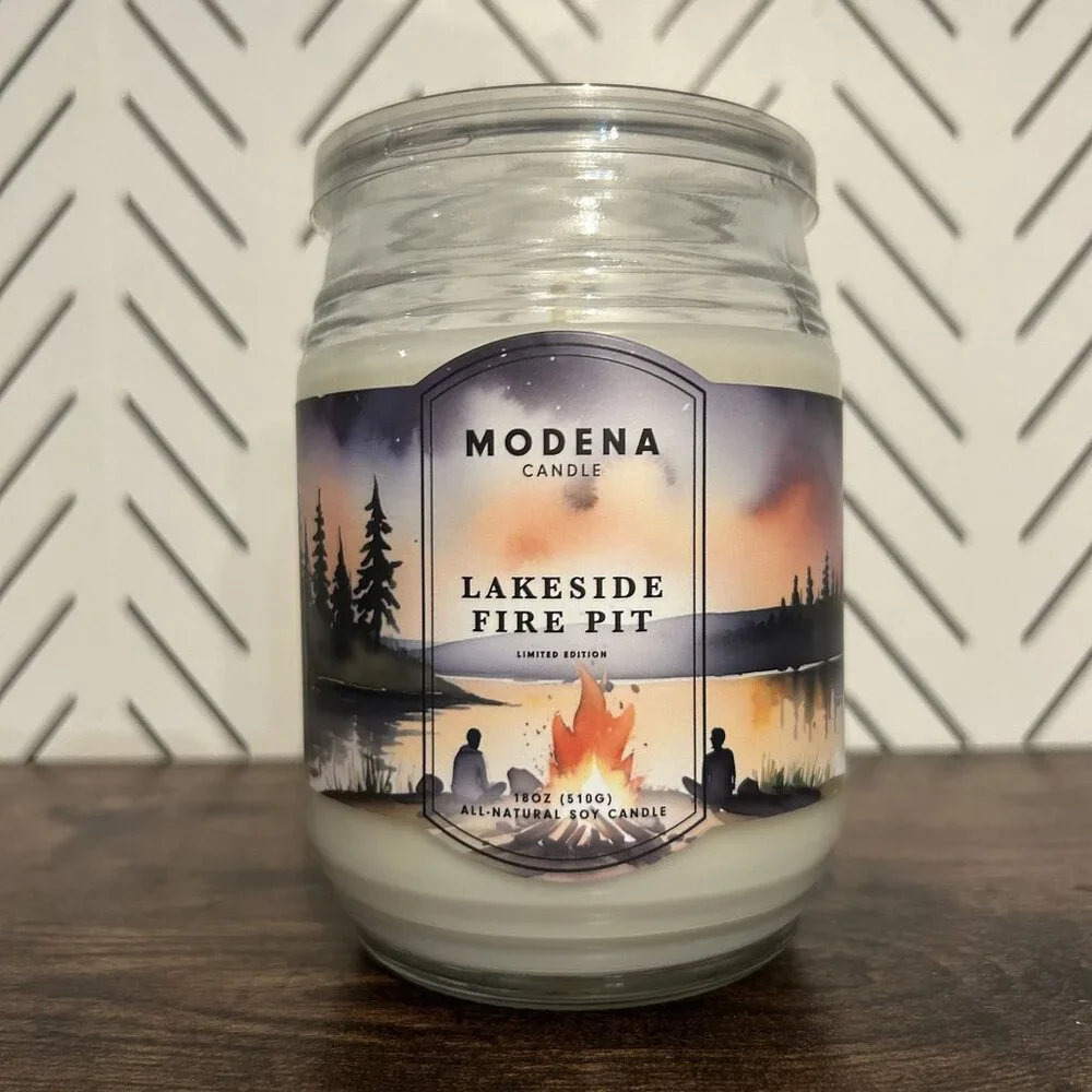 NEW Modena Candle Lakeside Fire Pit Limited Soy 18oz Woodsy Earthy Mancave